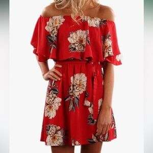 Floral Off-Shoulder Red Dress